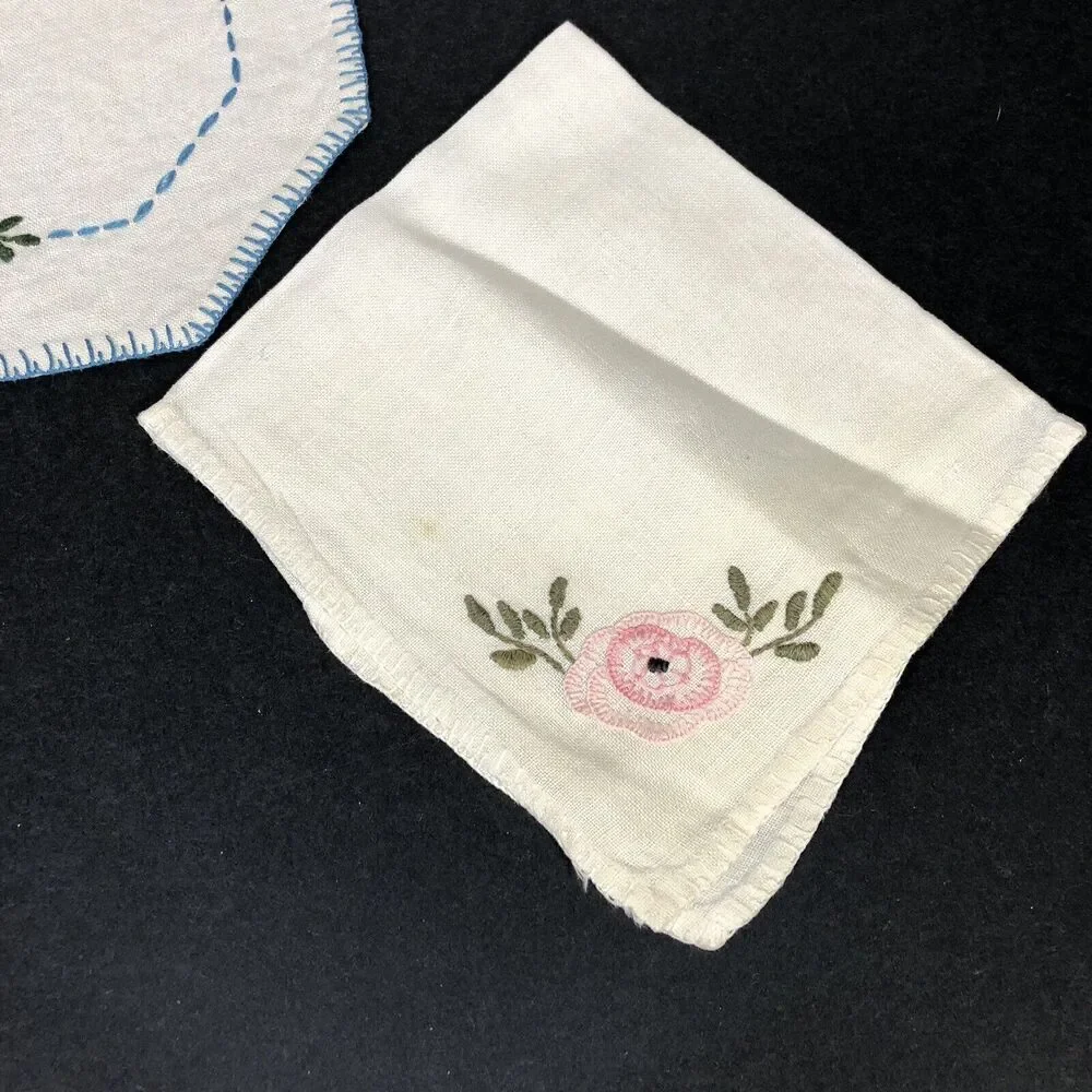 Vintage Small Table Topper Linens Blue and Pink Flowers Needlepoint Handmade 3pc